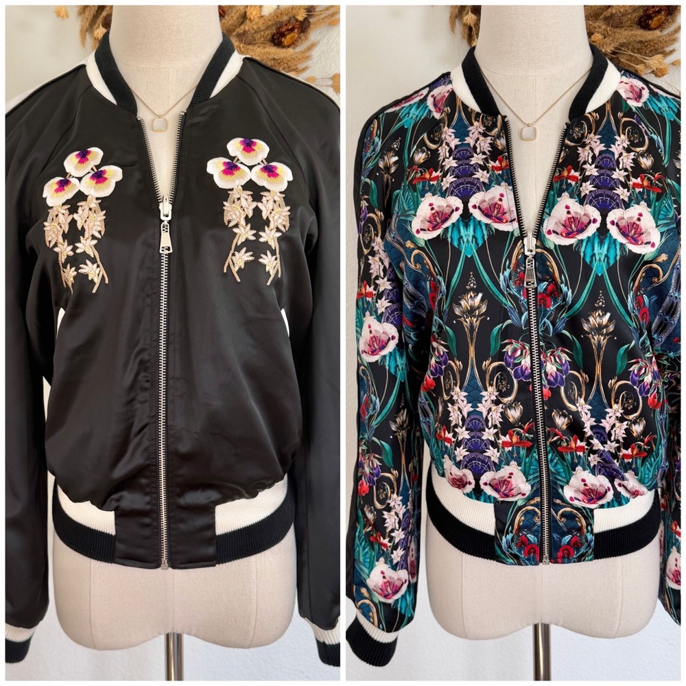 🌺 Bebe Reversible Embroidered Satin Bomber Jacket Black White Green Floral